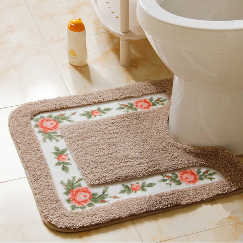 UKELER Luxurious Soft Floral Non-Slip Toilet Contour Rug  Contour Bath Rug  Soft Shaggy U-Shaped Toilet Floor Mat for Bathroom 20-By-20 Inch  Mocha - Image 1