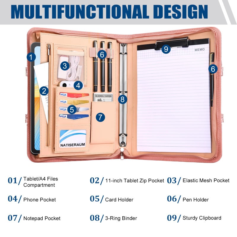 NATISERAUM Padfolio Portfolio Binder with Handle, 3-Ring Folder Organizer, Vegan Leather Portfolio with Notepad Includes 5 Dividers with 10 Pockets for Documents Filesfor Documents Files and 1 Pen - Image 4