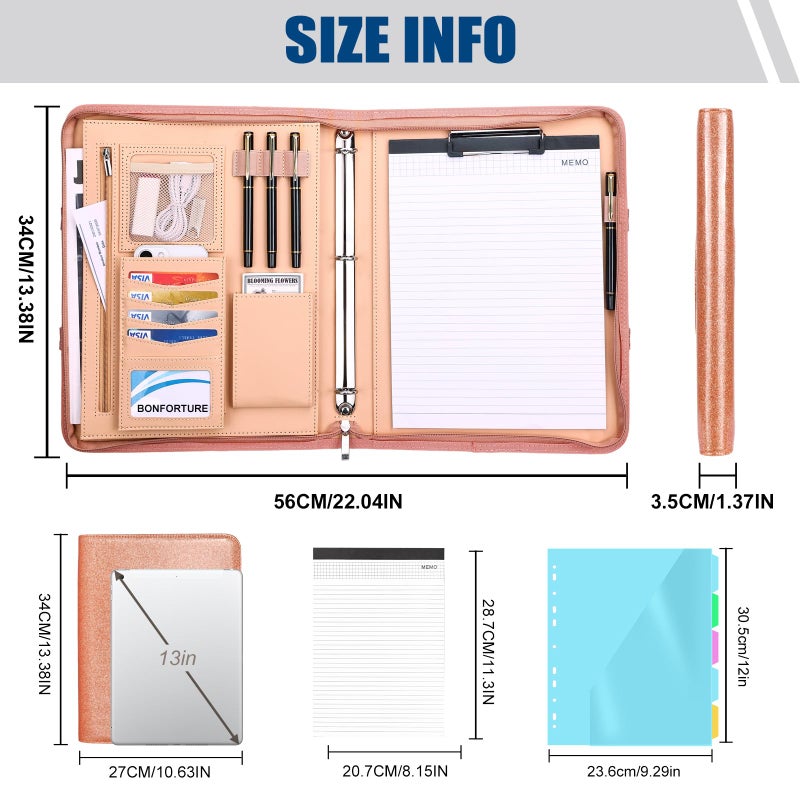NATISERAUM Padfolio Portfolio Binder with Handle, 3-Ring Folder Organizer, Vegan Leather Portfolio with Notepad Includes 5 Dividers with 10 Pockets for Documents Filesfor Documents Files and 1 Pen - Image 2