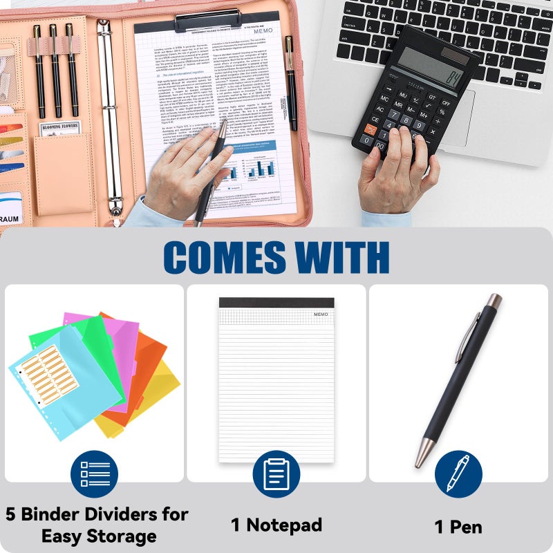 NATISERAUM Padfolio Portfolio Binder with Handle, 3-Ring Folder Organizer, Vegan Leather Portfolio with Notepad Includes 5 Dividers with 10 Pockets for Documents Filesfor Documents Files and 1 Pen - Image 3