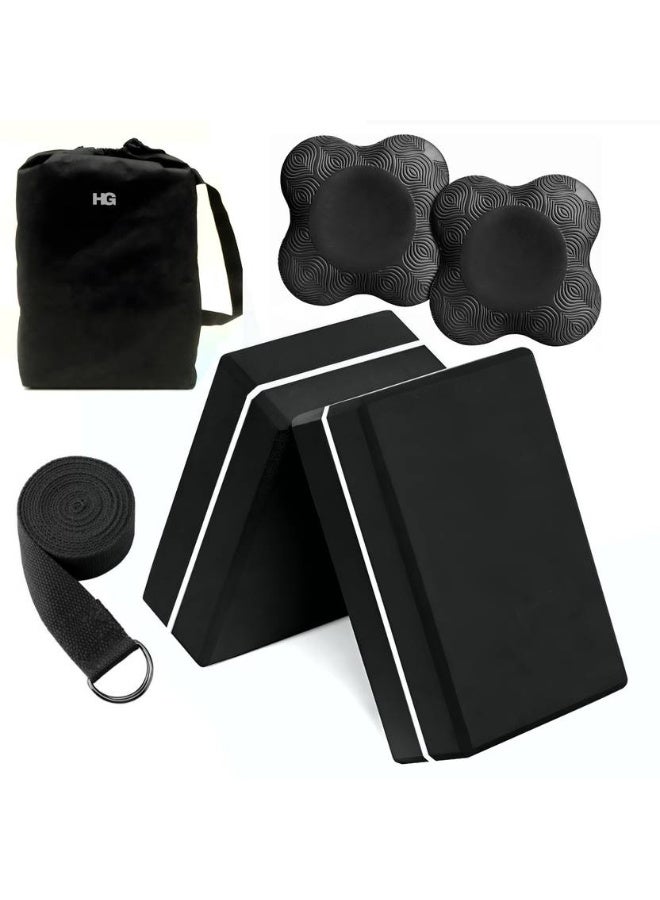 HOMEGALLEY HOMEGALLEY Yoga Blocks Set of 2 with Belt and 2 Yoga Knee Pad for Exercise Bricks Yoga Blocks  (Black, Red Pack of 2) - Image 1