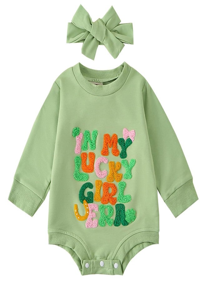 BOIZONTY St. Patrick's Day Baby Girl Outfit in My Lucky Girl Era Romper Bodysuit with Headband Newborn Birthday Clothes (Lucky Girl Green,3-6 Months) - Image 1