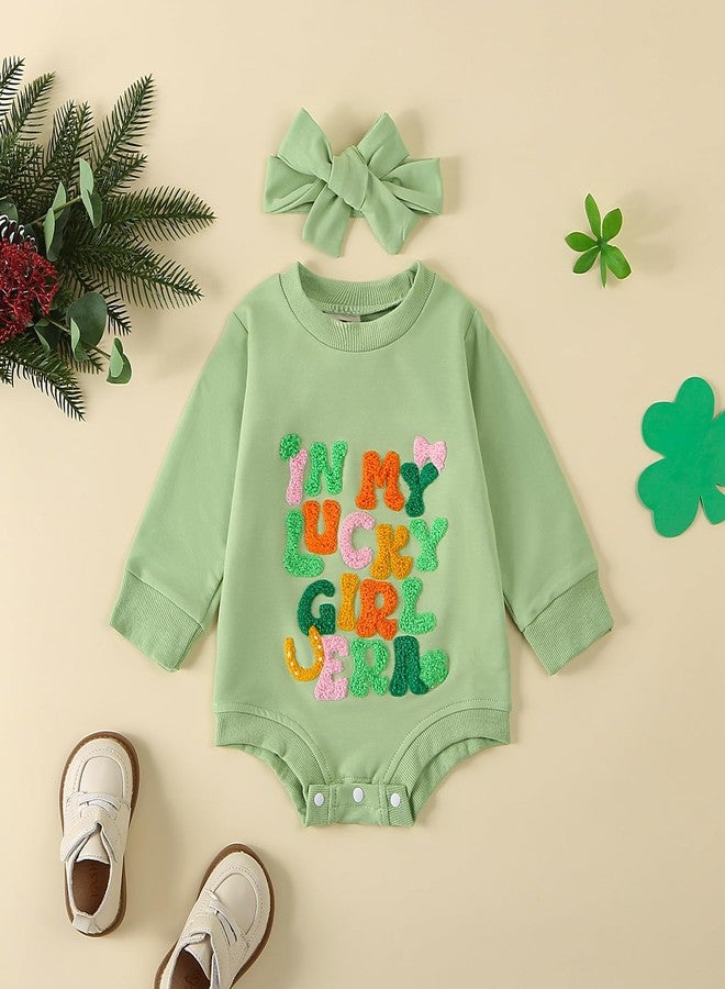 BOIZONTY St. Patrick's Day Baby Girl Outfit in My Lucky Girl Era Romper Bodysuit with Headband Newborn Birthday Clothes (Lucky Girl Green,3-6 Months) - Image 2