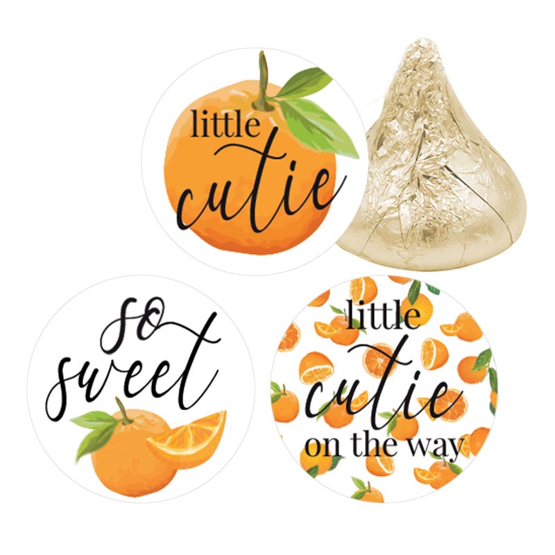 DISTINCTIVS Orange Little Cutie Baby Shower Favor Stickers Chocolate Kisses Candy Labels  180 Count