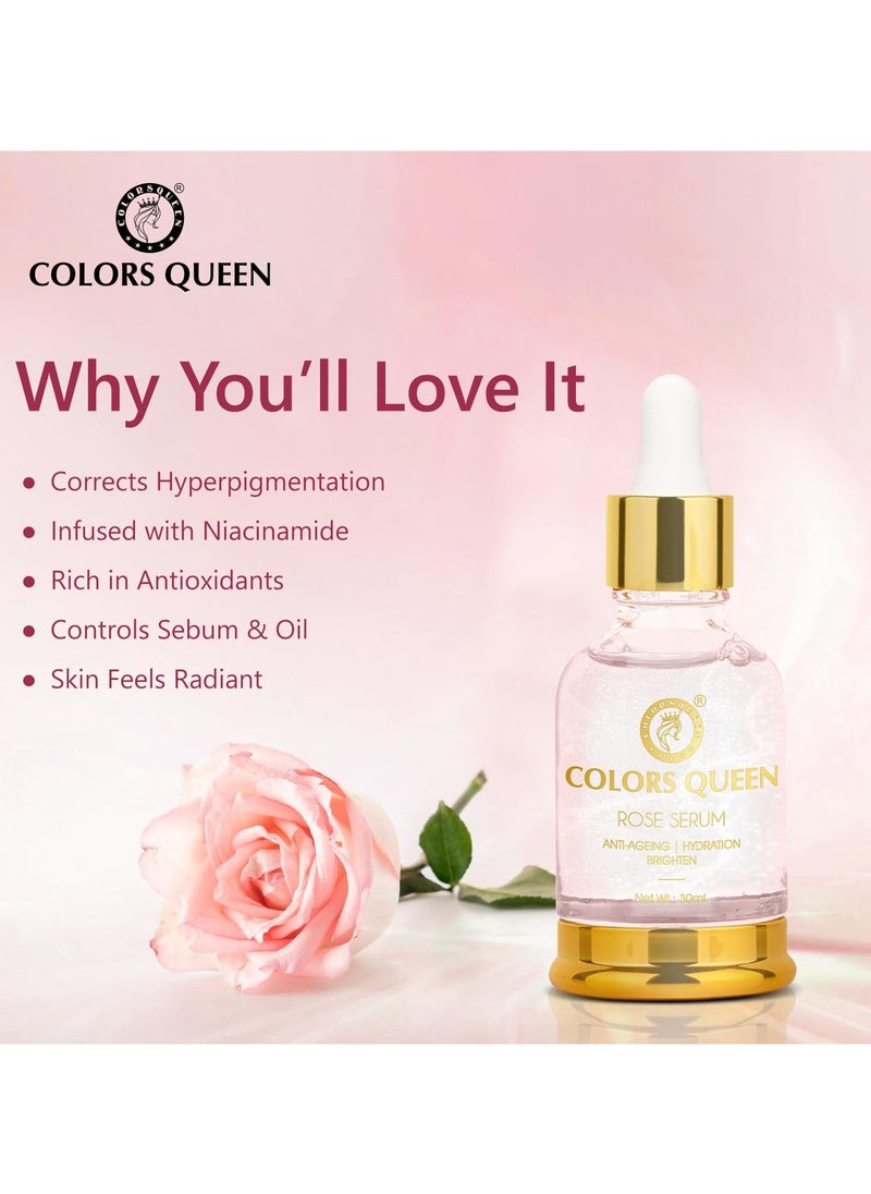 COLORS QUEEN Rose Face Serum 30ml Lightweight Non Greasy Niacinamide Anti Ageing Brightening Hydrating Glowing Skin All Skin Types  - Image 3