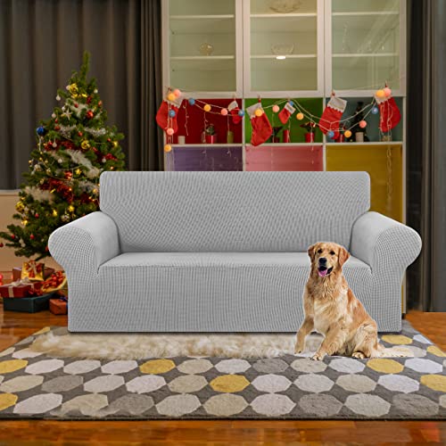 KEKUOU Stretch Loveseat Sofa Cover Slipcover,Couch Covers for 2 Cushion Couch Sofa (55"-78") Furniture Protector Sofa with Elastic Bottom for Kids,Dog. Jacquard Small Checked (Medium,Silver) - Image 2