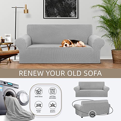 KEKUOU Stretch Loveseat Sofa Cover Slipcover,Couch Covers for 2 Cushion Couch Sofa (55"-78") Furniture Protector Sofa with Elastic Bottom for Kids,Dog. Jacquard Small Checked (Medium,Silver) - Image 3