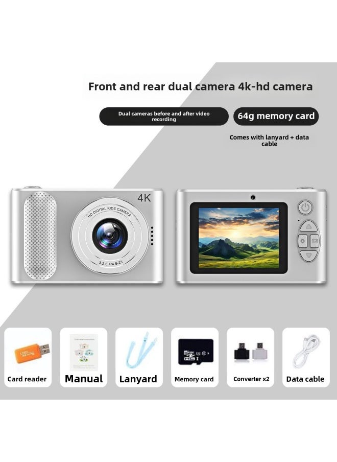 Generic Retro Self-timer Ccd HD Double-camera Student Party Entry-level Cute High-value Girl Travel Portable-Body Color:Pi Silver  - 64g High-speed Memory Card (can Take About 1w Photos)  - Image 1