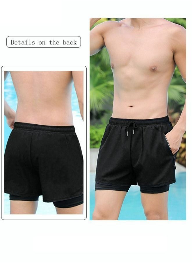 Generic - Men's Swimming Trunks Beachwear Quick Dry Gym Wear Beach Pants Fitness Shorts Fitness Workout Short Sports Running Shorts with Inner Compression Solid Black - Image 1