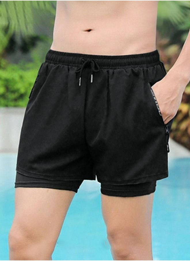 Generic - Men's Swimming Trunks Beachwear Quick Dry Gym Wear Beach Pants Fitness Shorts Fitness Workout Short Sports Running Shorts with Inner Compression Solid Black - Image 1