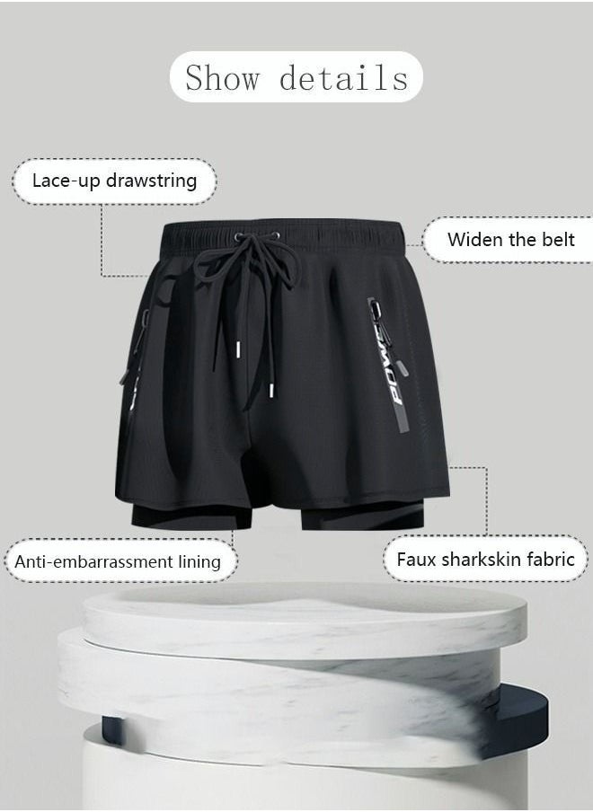 Generic - Men's Swimming Trunks Beachwear Quick Dry Gym Wear Beach Pants Fitness Shorts Fitness Workout Short Sports Running Shorts with Inner Compression Solid Black - Image 1