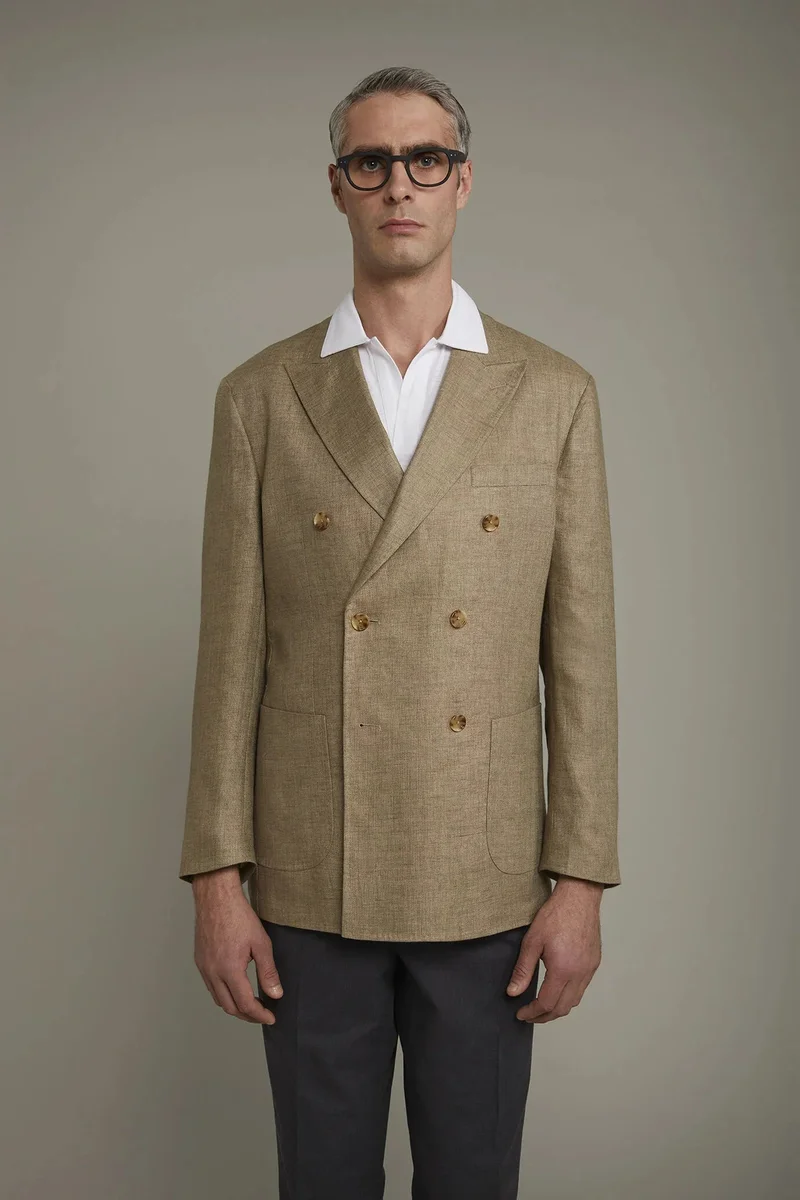 Men's unlined double-breasted blazer, patch pockets 100% linen regular fit - Beige