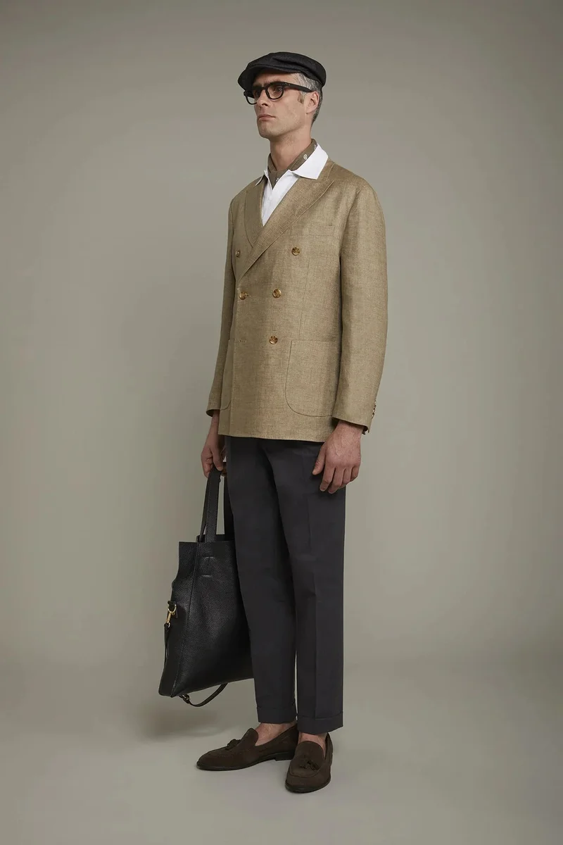Doppelganger Brown Men's unlined double-breasted blazer, patch pockets 100% linen regular fit - Beige for Men | Best Price UAE
