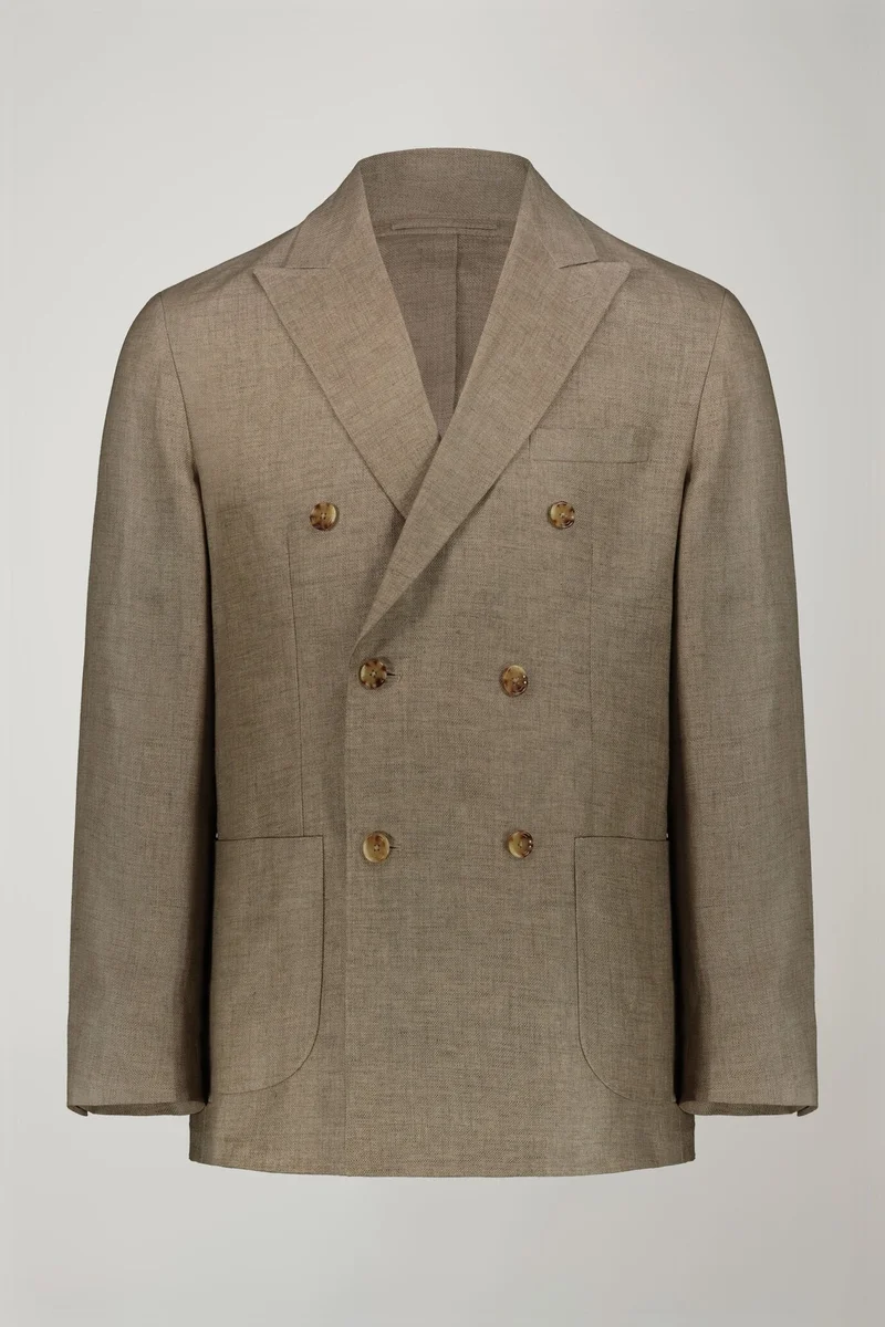 Doppelganger Men's unlined double-breasted blazer, patch pockets 100% linen regular fit - Beige