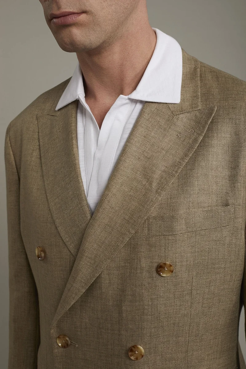 Doppelganger Brown Men's unlined double-breasted blazer, patch pockets 100% linen regular fit - Beige for Men | Best Price UAE