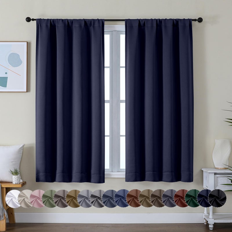 Simplebrand Ava Navy Blue Short Blackout Curtains for Bedroom 45 Inches Long 2 Panels Set, Solid Thermal Insulated, Energy Saving Window Treatment Curtains Blackout Drapes, W40 x L45 Inch, Navy Blue - Image 1
