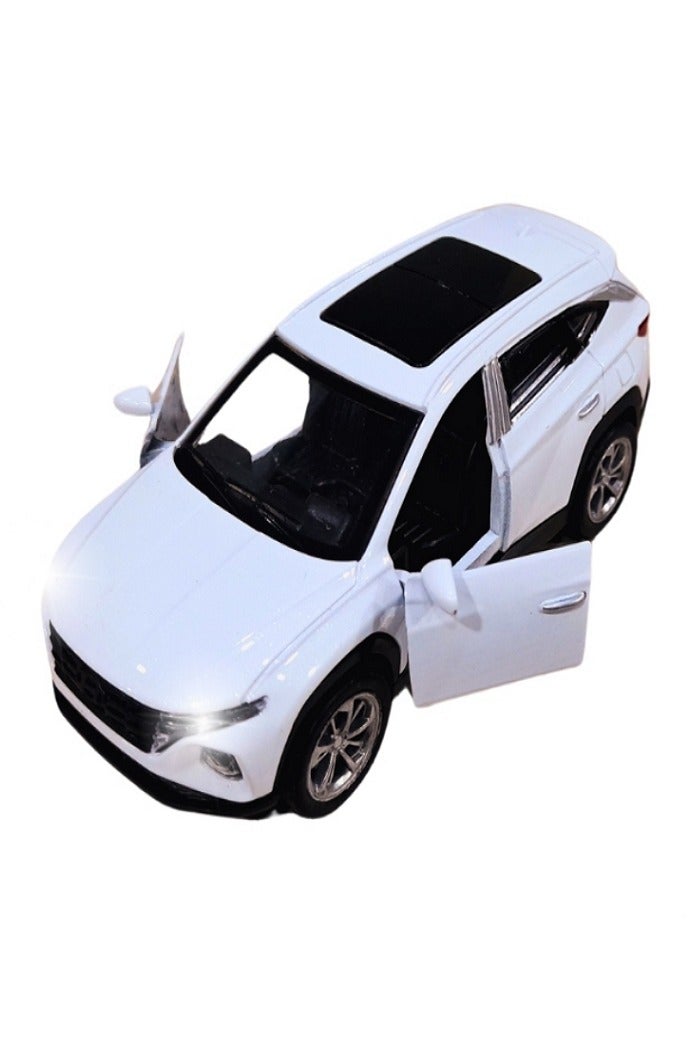 داي كاست سيارة هيونداي توسان SUV نموذج مصبوب بمقياس 1/46 مع أضواء وصوت – سيارة رياضية مصنوعة من سبيكة معدنية مصبوبة – أبواب أمامية تفتح – الحجم حوالي 12.7 سم (بدون صندوق - أبيض) - Image 1