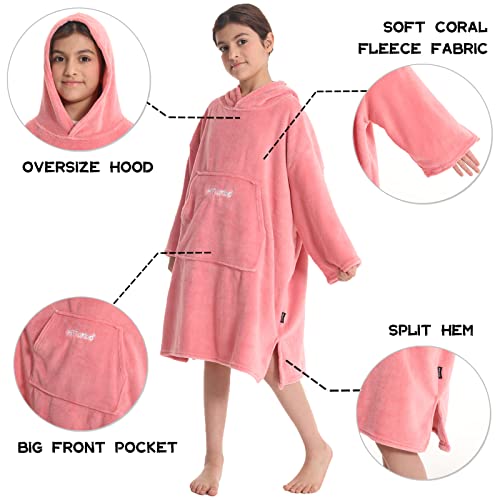 Hiturbo Kids Towel Changing Robe: Soft Plush Wearable Blanket - Warm Coral Fleece Hoodie - Swim Surf Poncho for 5-12 Years (Pink) - Image 3