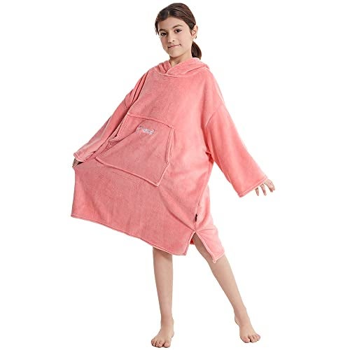 Hiturbo Kids Towel Changing Robe: Soft Plush Wearable Blanket - Warm Coral Fleece Hoodie - Swim Surf Poncho for 5-12 Years (Pink) - Image 5