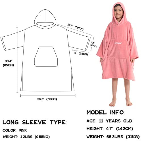 Hiturbo Kids Towel Changing Robe: Soft Plush Wearable Blanket - Warm Coral Fleece Hoodie - Swim Surf Poncho for 5-12 Years (Pink) - Image 2