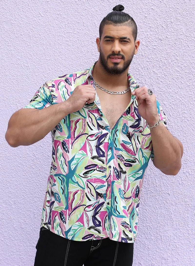 Instafab Plus Instafab Plus Men's Pink & Green Abstract Foilage Shirt For Casual Wear | Spread Collar | Short Sleeve | Button Closure | Heavy Rayon Shirt Crafted With Comfort Fit For Everyday Wear
