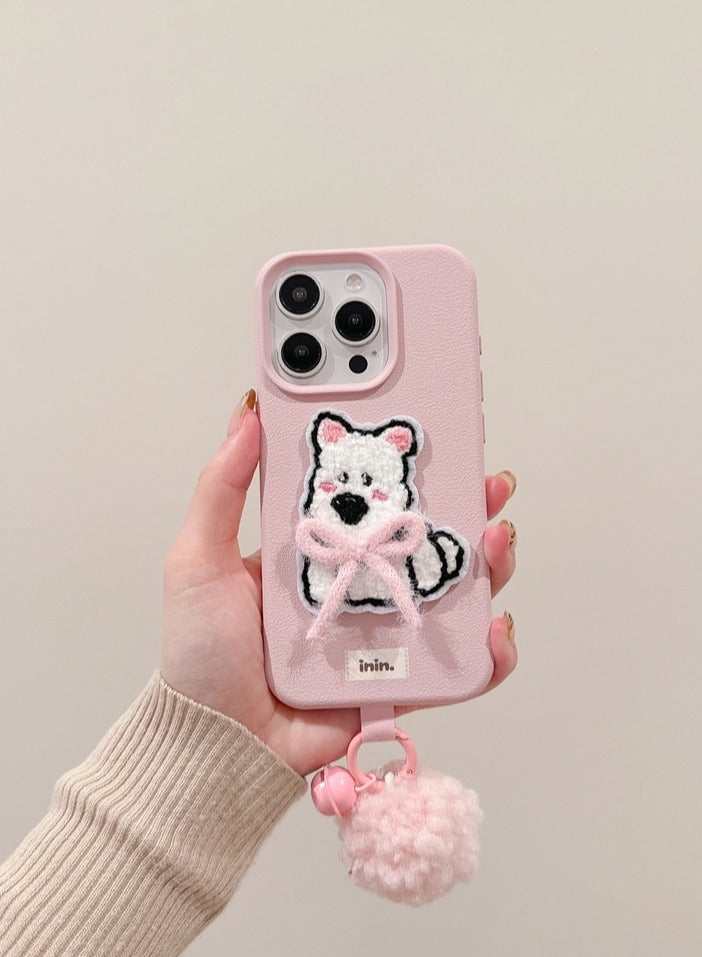 NIBEMINENT Bows And Ribbons Embroidery Protective TPU Case Cover For iPhone 14 Pro Max, Powder With Powder Bells Fuzz Ball