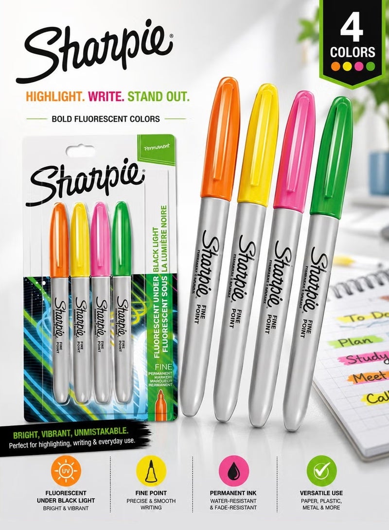 Sharpie 4-Piece Permanent Neon Marker Set - Waterproof and Quick-Drying Markers, Vibrant Fluorescent Colors with Fine Tips for Writing, Drawing, and Artwork - Image 1