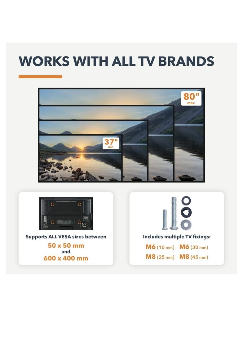 Mahara Flat Panel TV Wall Mount Bracket for 37" - 80" TVs - VESA Compatible TV Brackets 100x100mm - 600x400mm - TV Wall Brackets Support Max 60kg - Black - Image 2