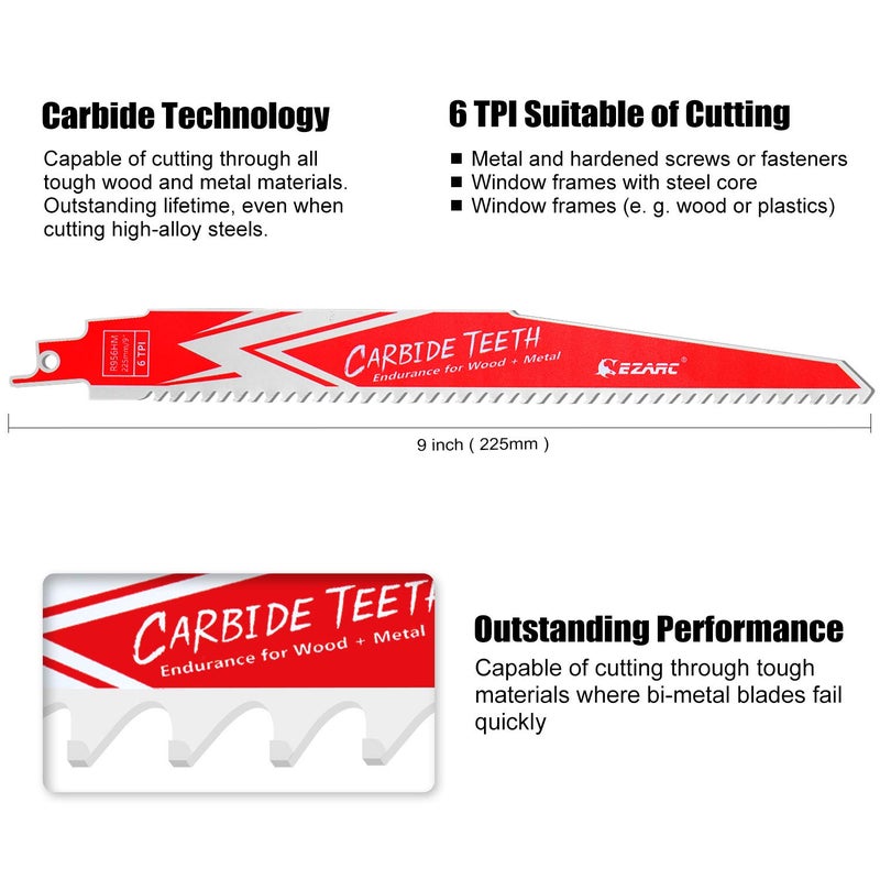 EZARC Carbide Reciprocating Saw Blade R956HM Endurance for Hard Wood and Metal Demolition 9-Inch 6TPI, 3-Pack - Image 2