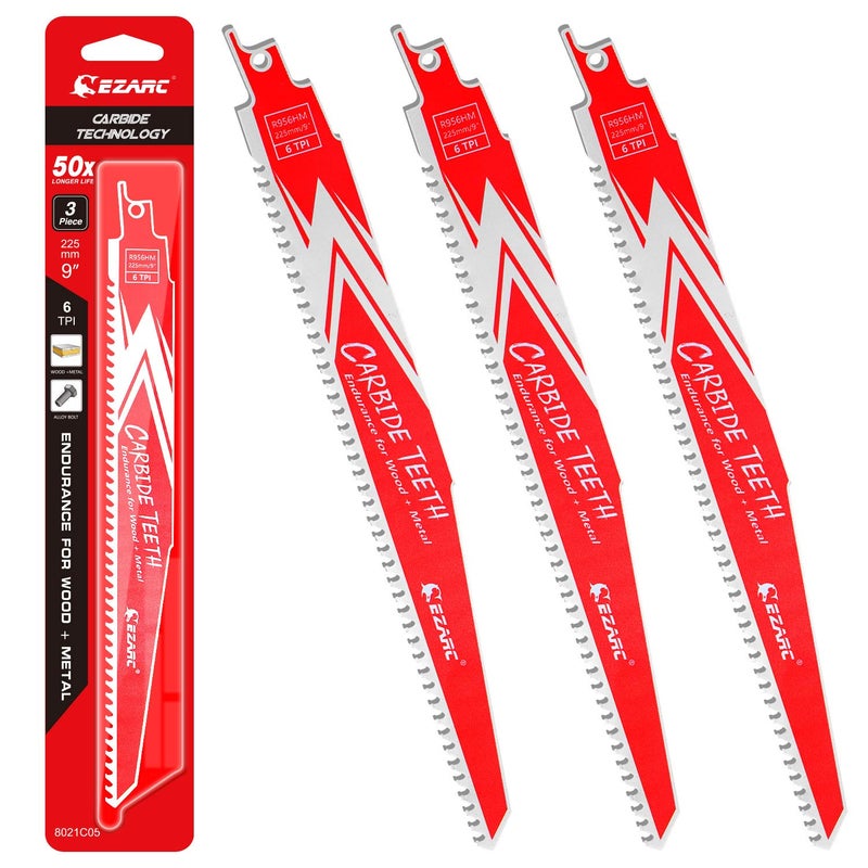 EZARC Carbide Reciprocating Saw Blade R956HM Endurance for Hard Wood and Metal Demolition 9-Inch 6TPI, 3-Pack - Image 1