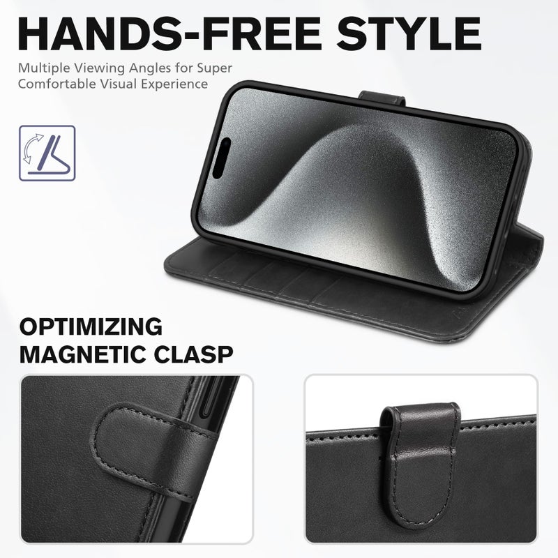 TUCCH Case Wallet for iPhone 15 Pro Max, RFID Blocking 4 Card Holder Kickstand Shockproof TPU Inner Case, PU Leather Magnetic Flip Folio Cover, Black - Image 4