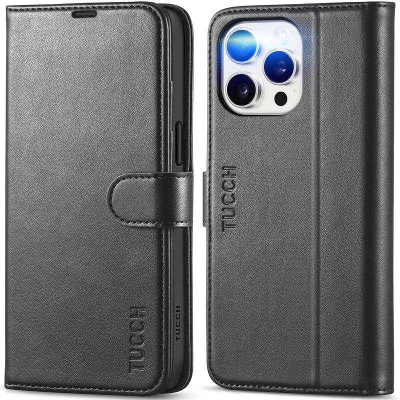 TUCCH Case Wallet for iPhone 15 Pro Max, RFID Blocking 4 Card Holder Kickstand Shockproof TPU Inner Case, PU Leather Magnetic Flip Folio Cover, Black - Image 1