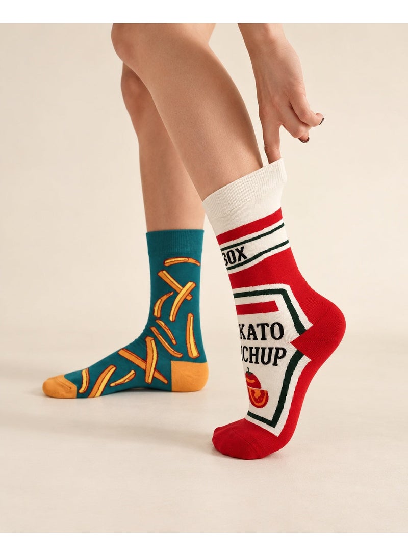 Socks for Ladies, Novelty Mismatched Crew Socks with French Fries and Tomato Ketchup Graphics, Funky Casual Socks for Ladies and Men, Mid-Calf, Size 36-39 - Image 1