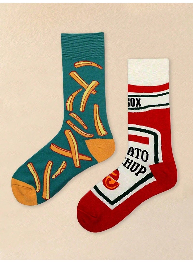 Socks for Ladies, Novelty Mismatched Crew Socks with French Fries and Tomato Ketchup Graphics, Funky Casual Socks for Ladies and Men, Mid-Calf, Size 36-39 - Image 2