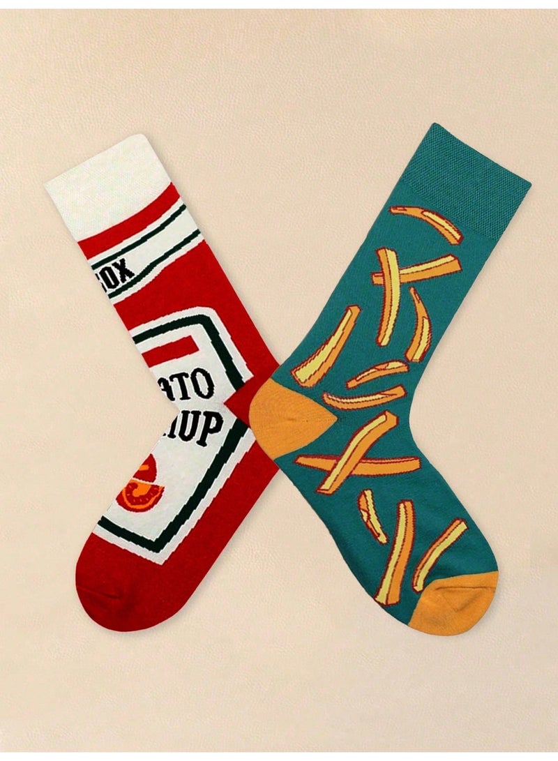 Socks for Ladies, Novelty Mismatched Crew Socks with French Fries and Tomato Ketchup Graphics, Funky Casual Socks for Ladies and Men, Mid-Calf, Size 36-39 - Image 3