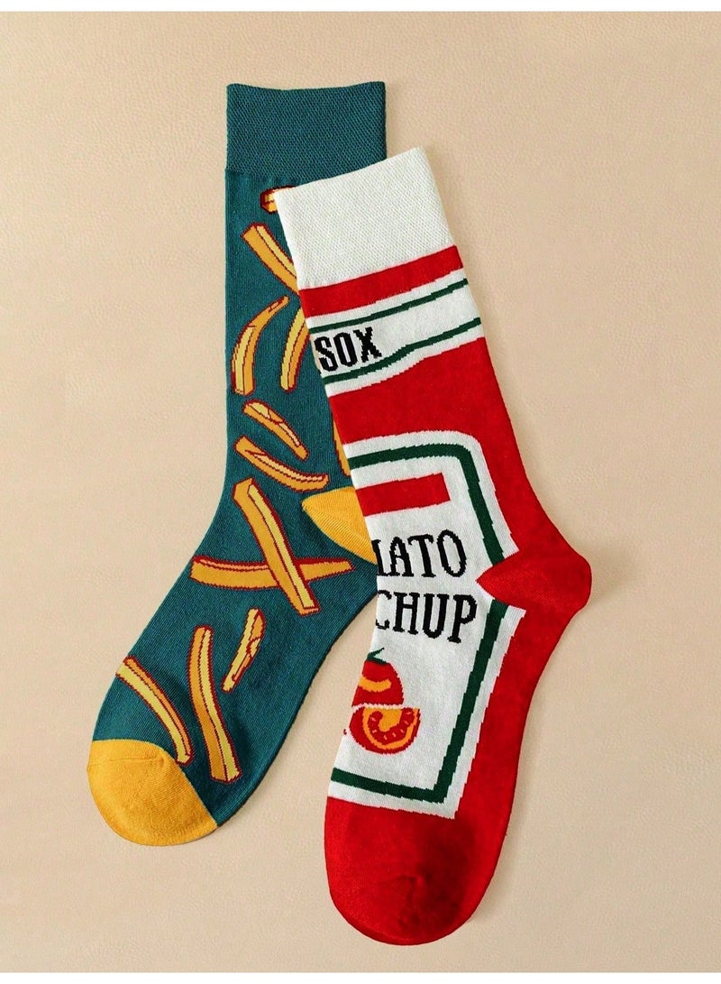 Socks for Ladies, Novelty Mismatched Crew Socks with French Fries and Tomato Ketchup Graphics, Funky Casual Socks for Ladies and Men, Mid-Calf, Size 36-39 - Image 4