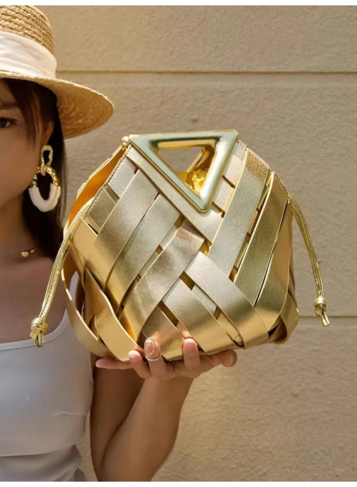 حقيبة نسائية منسوجة على شكل قفص طيور بتفريغ فني - تصميم مفرغ يدوي أنيق مع حمالة كتف - Image 5