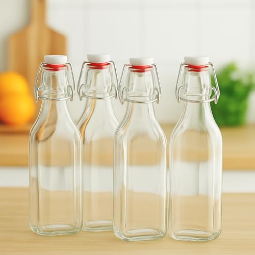 ONICORN Square Swing Top Glass Bottles 250ml (Pack of 4) - Reusable Airtight Flip Cap Bottles for Water, Juice, Kombucha, Oil, Vinegar & Beverages - Leak-Proof, BPA-Free, Dishwasher Safe Set - Image 1