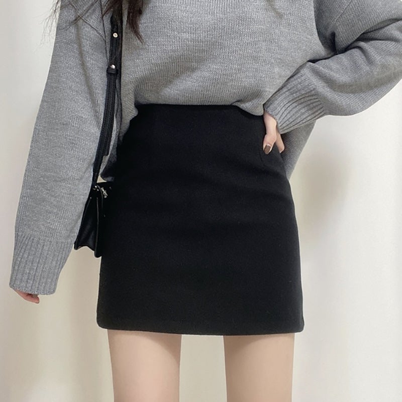 High-Waisted A-Line Short Skirt, Hip-Hugging And Tight-Fitting 150Cm Tall Woolen Autumn Skirt, Feminine One-Step Skirt, Small Xs For Short People - Image 1