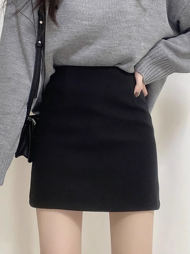 High-Waisted A-Line Short Skirt, Hip-Hugging And Tight-Fitting 150Cm Tall Woolen Autumn Skirt, Feminine One-Step Skirt, Small Xs For Short People - Image 2