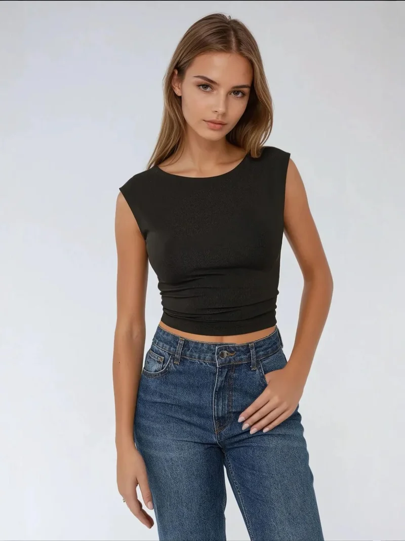 HICCUP Black Slim Fit Open Back Viscose Crop Top for Women | Best Price UAE