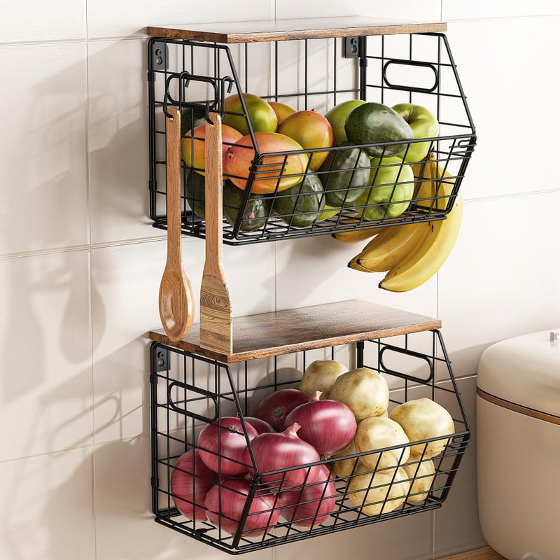 Delamu Stackable Metal Fruit Basket with Wood Lid 2 Pack Hanging Wall Organizer for Kitchen Counter Pantry Storage for Onions Potatoes Garlic Fruits Spices Black