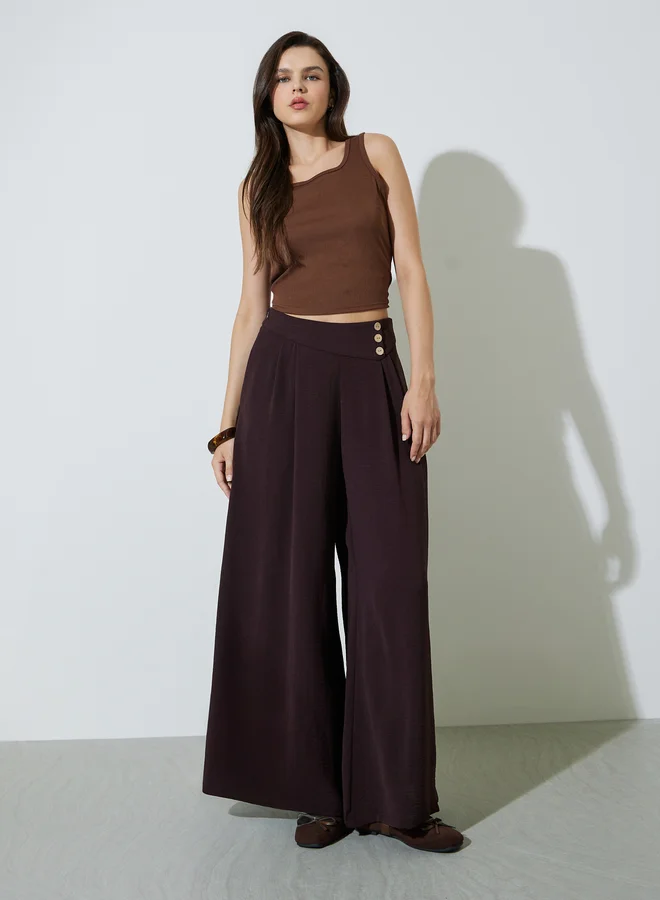 تايك تو Brown Fold-Pleat Detail Wide Leg Pants