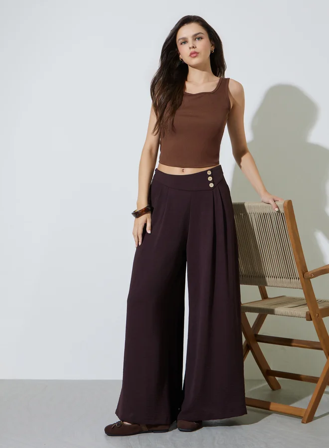 تايك تو Brown Fold-Pleat Detail Wide Leg Pants