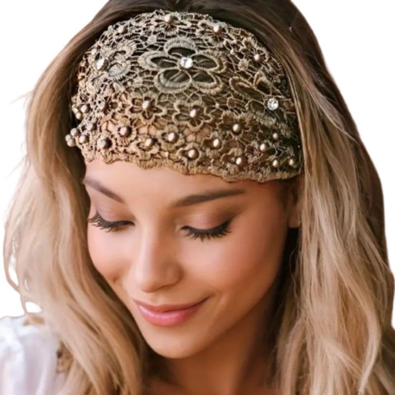 NIVAKINI NIVAKINI Womens Headbands Brown 1 Count Pack of 1 Adult Women Elastic Faux Leather Boho Floral Pearl Lace Design NonSlip Comfortable Sport  Fashion Gym  Party - Image 1