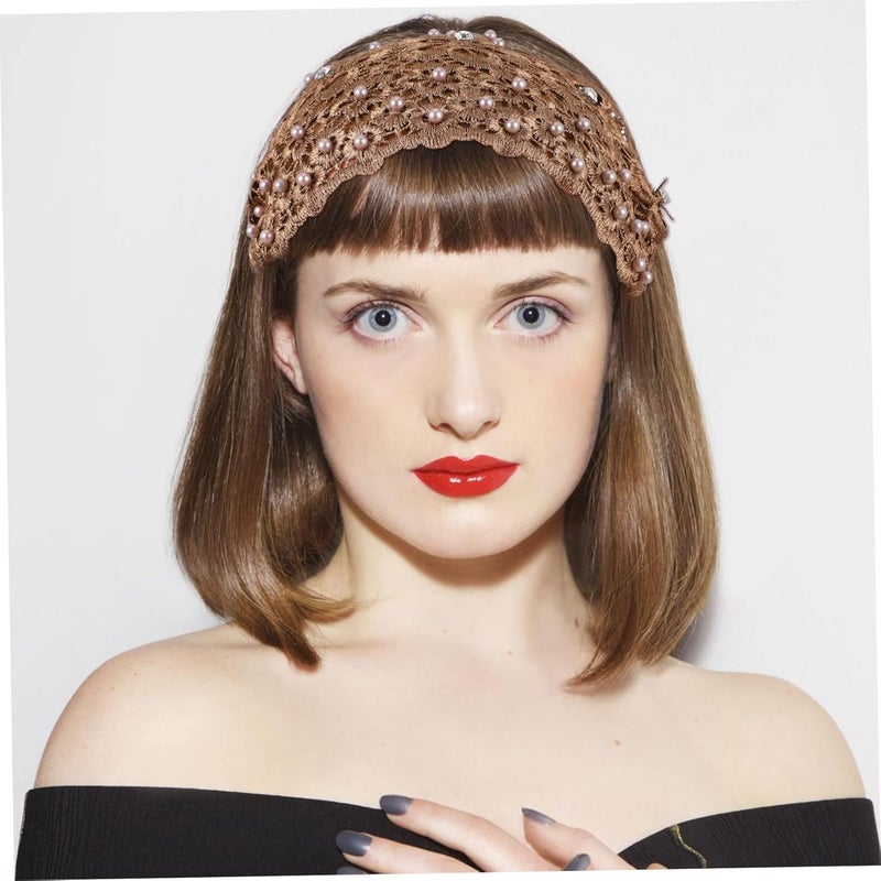 NIVAKINI NIVAKINI Womens Headbands Brown 1 Count Pack of 1 Adult Women Elastic Faux Leather Boho Floral Pearl Lace Design NonSlip Comfortable Sport  Fashion Gym  Party - Image 3