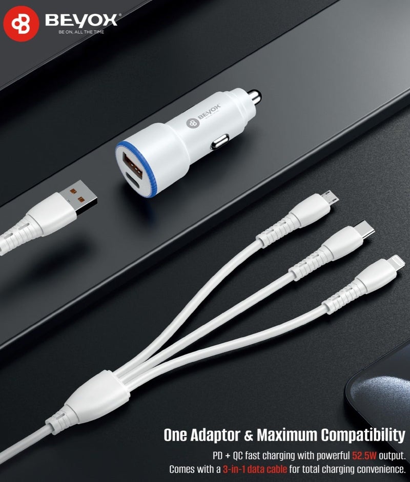 BEYOX BY31 3-in-1 Car Charger with Cable, 52.5W Fast Charging Car Plug, USB-C PD & USB-A QC, Multi-Device Car Power Adapter with 1m 3-in-1 Cable for iPhone, Android & Tablets - Image 1