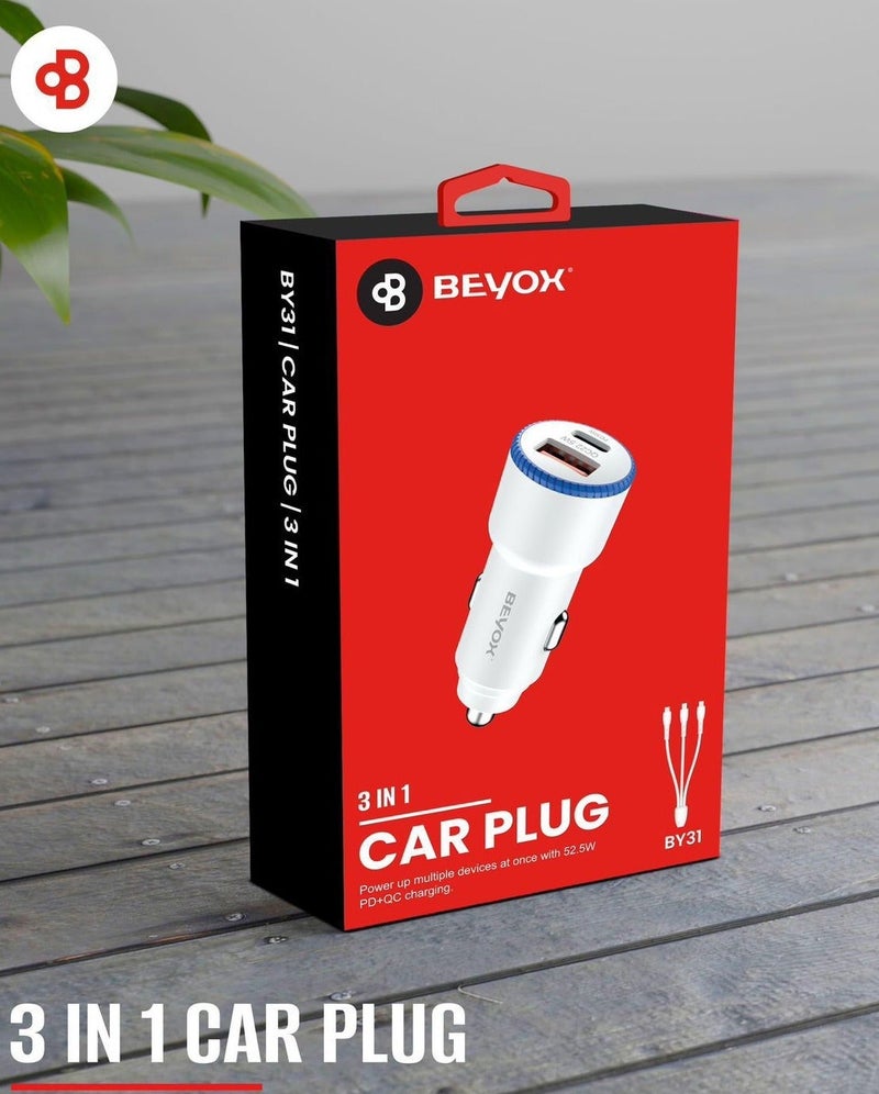 BEYOX BY31 3-in-1 Car Charger with Cable, 52.5W Fast Charging Car Plug, USB-C PD & USB-A QC, Multi-Device Car Power Adapter with 1m 3-in-1 Cable for iPhone, Android & Tablets - Image 2