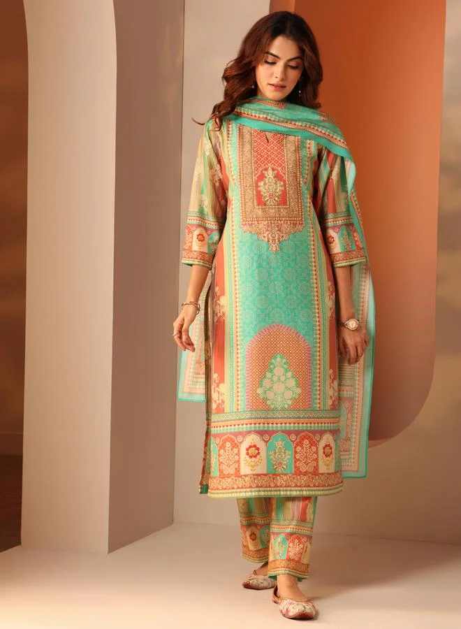 Libas Multi Printed Silk Blend Straight Kurta, Trousers And Dupatta Set
