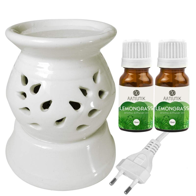 Aatiutik Aatiutik Ceramic Electric Aroma Diffuser Night Lamp Light with 2 Lemongrass Aroma Oil 10ml Each for Home Office Hotel Spa - Image 1
